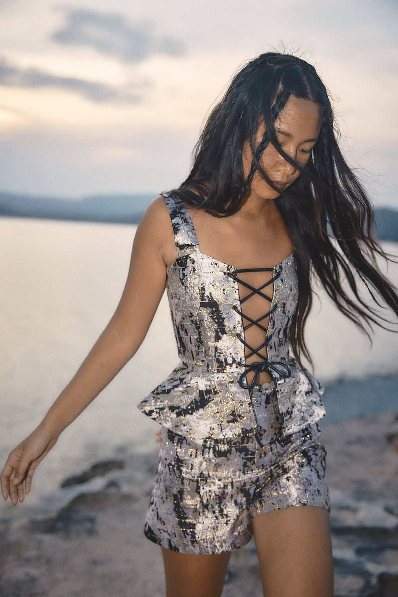 Margaux corset in Black camouflage — sustainable luxury corset top The Ethiquette Paris