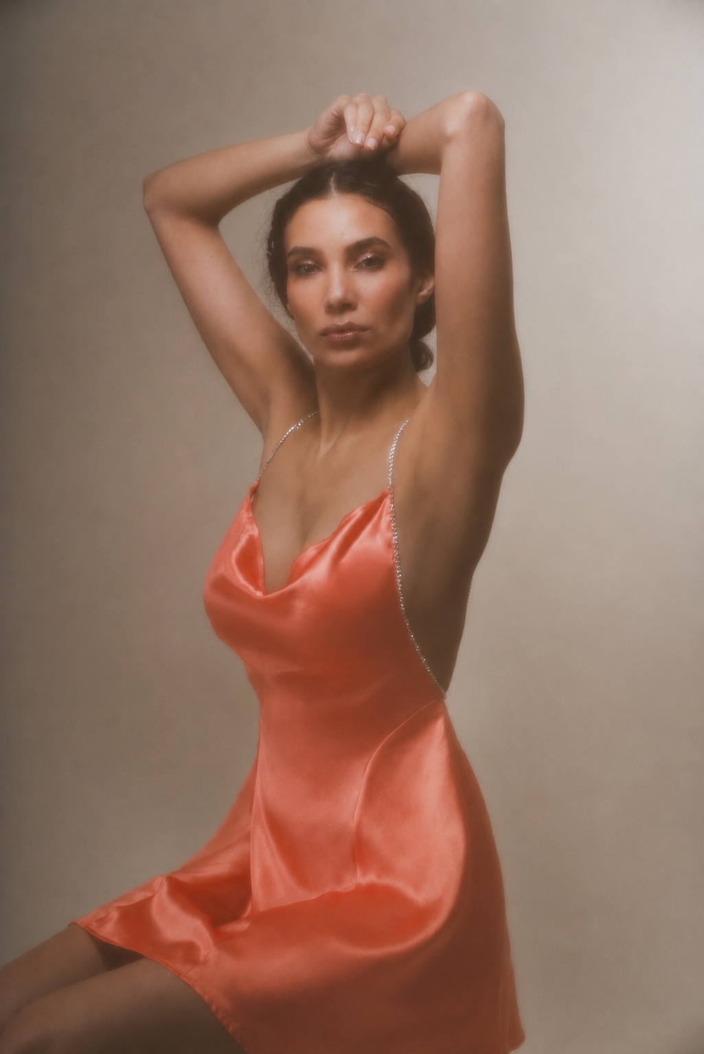 Jenna mini dress in corail silk— handmade couture dress by The Ethiquette Paris