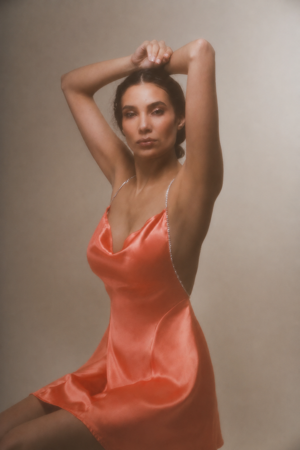 Jenna mini dress in corail silk— handmade couture dress by The Ethiquette Paris