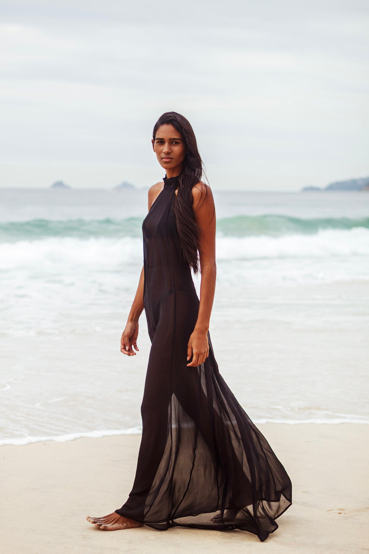 Long black dress in black mousseline— handmade couture dress by The Ethiquette Paris