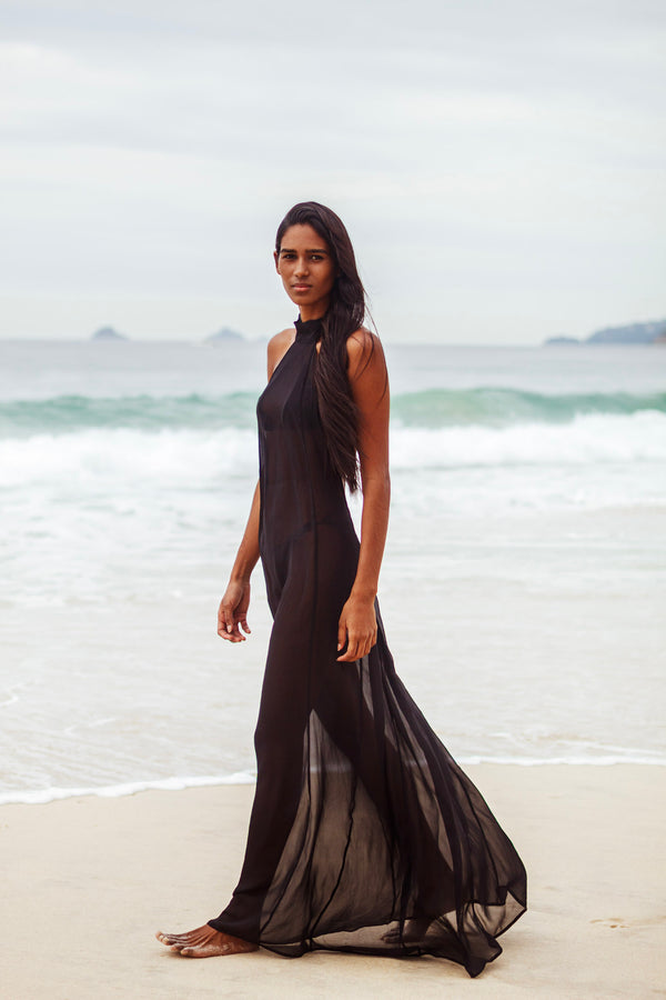 Long black dress in black mousseline— handmade couture dress by The Ethiquette Paris