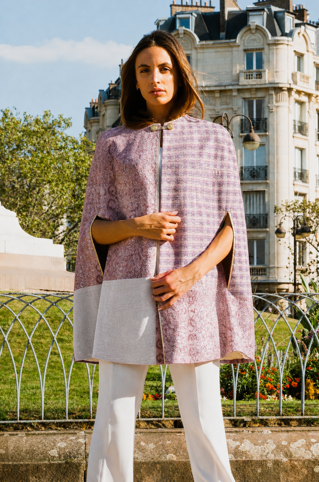 Cape pink tweed— upcycled luxury cape handmade in Paris by The Ethiquette