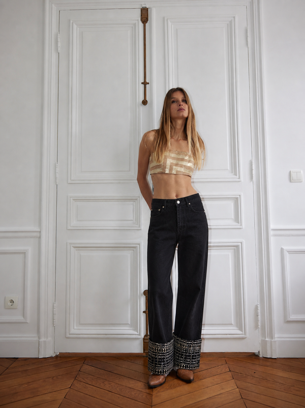 Narcisse straight-leg black jeans in Empryee, black and gold tweed — upcycled denim The Ethiquette Paris