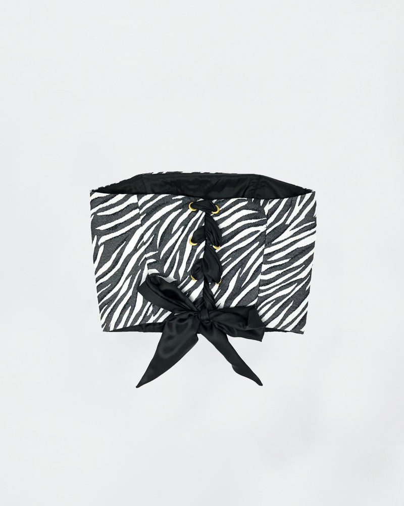 Coco bustier in Zebra tweed, Black and white  — sustainable luxury corset top The Ethiquette